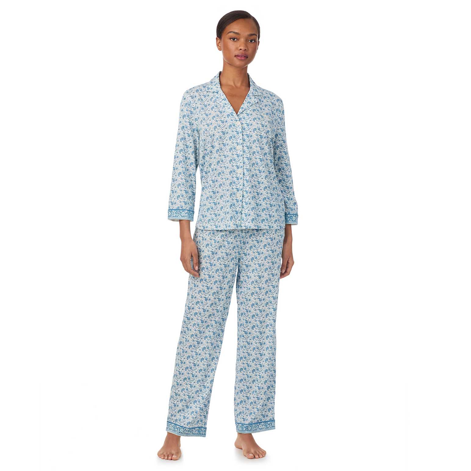 Lauren Ralph Lauren Cotton Knit 3/4 Sleeve Notch Collar Pajama Set